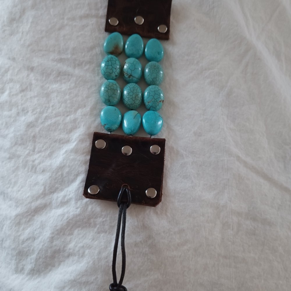 Genuine Handmade Turquoise Beaded Leather Bracelet - Picture 8 of 15